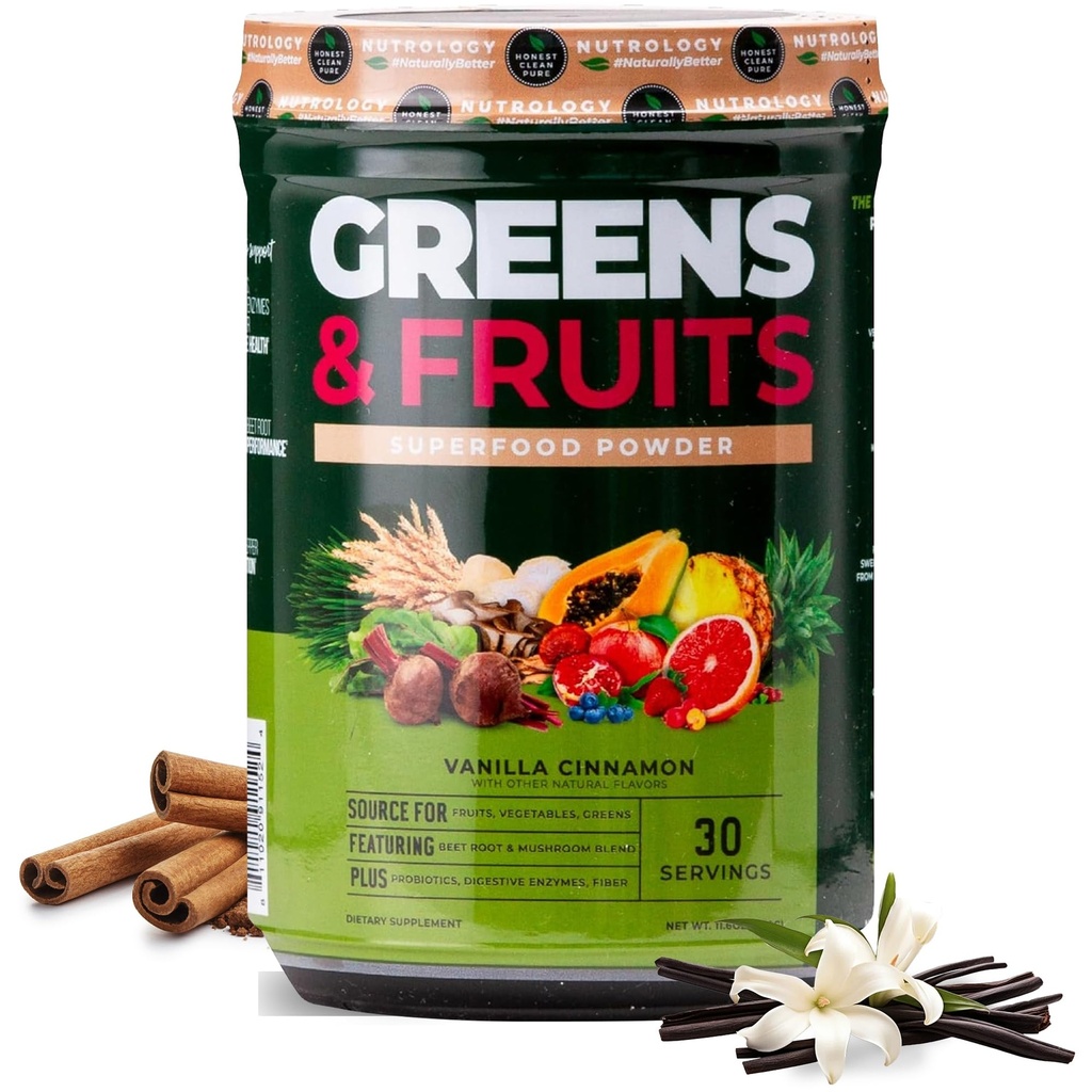 Nutrologija Zelena in sadje v prahu Naravno pridobljena superhrana, Pesa v prahu, Mešanica gob, probiotiki, Prebavni encimi, Fiber, Antioksidanti, Imunska podpora, Gluten Free - Vanilla cinamon