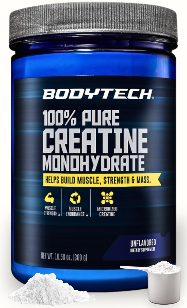 BodyTech Kreatin monohidrat v prahu, nearomatizirana mikronizirana kreatinska formula za moške in ženske, 5g na serviranje, Pre vadba in post vadba dodatek, Gluten brezplačno, sladkor brezplačno, 10,58 Oz, 60 Serving
