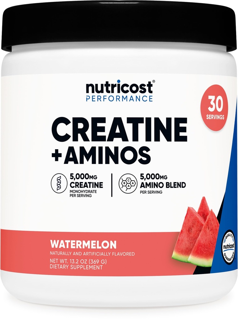 Nutricost Kreatin + Aminos 30 Serving (Vatermelon z aromo) - 5000mg Kreatin monohidrat + 5000mg Amino BCAA mešanica na obrok