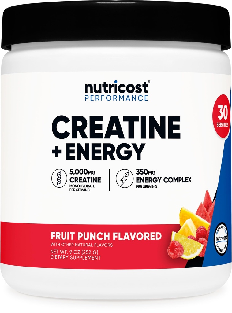 Nutricost Kreatin + Energija 30 Servisi (Fruit Punch arome) - 5000mg Kreatin monohidrat + 350mg Energy Complex Per Serving