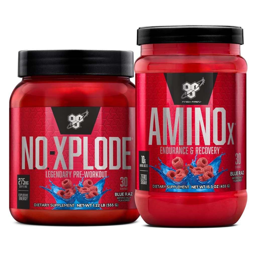 BSN vadbeni paket NO XPLODE Pred treningom Powder Blue Raz, 30 Služi AMINO X Recovery mišic intraworkout Podpora, Kofein Free Blue Raz, 30 Serving