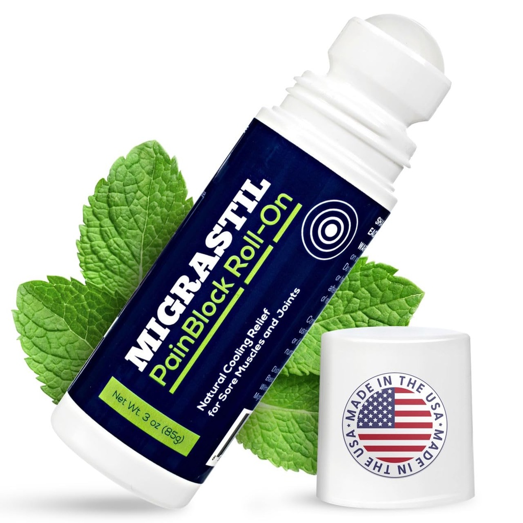 Osnovni Vigor Migrastil PainBlock Roll-On, 3 oz - Topical Roll-On za mišične bolečine, Cramps, Joint & Živec nelagodje. Deluje odlično na ramenih, vratu, nogah, kolenih, nogah, hrbtu, komolcih, HIPS, Etc.