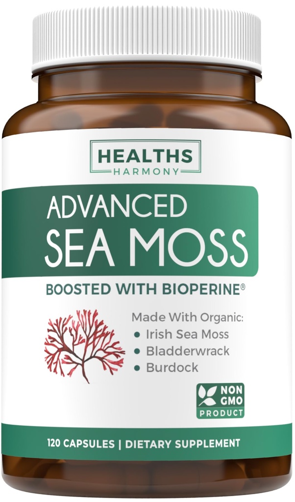 Organske kapsule Irish Sea Moss - organske kapsule Moss z brozgo korena in črnega popra za izboljšano absorpcijo - Veganska ne-GMO & Made v ZDA (2 mesec dobave)