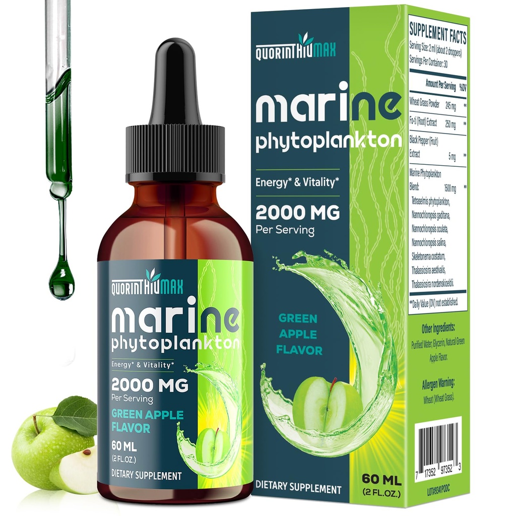 Marine Phytoplankton Drops 2000mg - High Absorption Phytoplankton Supplement with Wheatgrass & Fo-ti for Cellular Wellness, Hair Growth, Energy & Immunity - Green Apple Flavor, 2 fl oz (Pack of 1)
