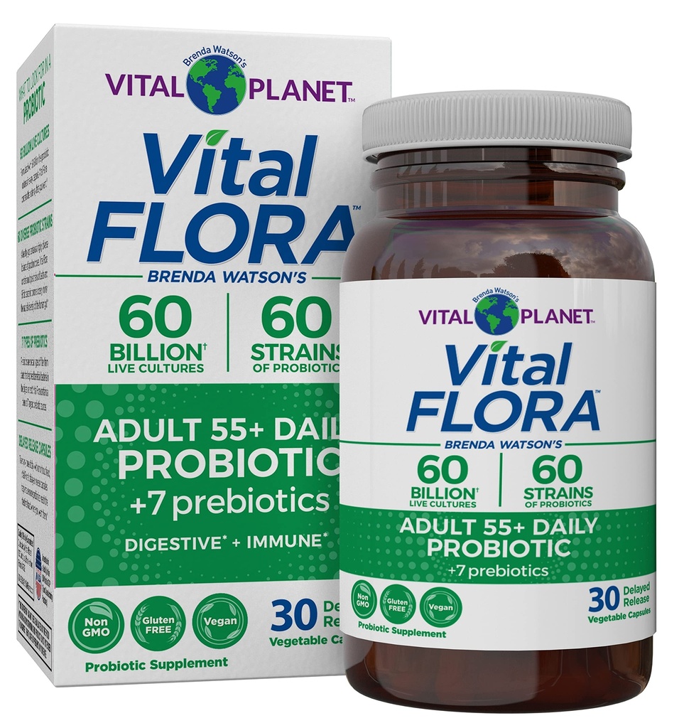Vital Planet - Vital Flora Odrasli Več kot 50 Dnevni probiotik 60 Milijarda CFU, 60 Razni sevi, 7 Organski prebiotiki, Imunska podpora, Plin, Prebavni zdravje Probiotiki za ženske in moške, 30 kapsul