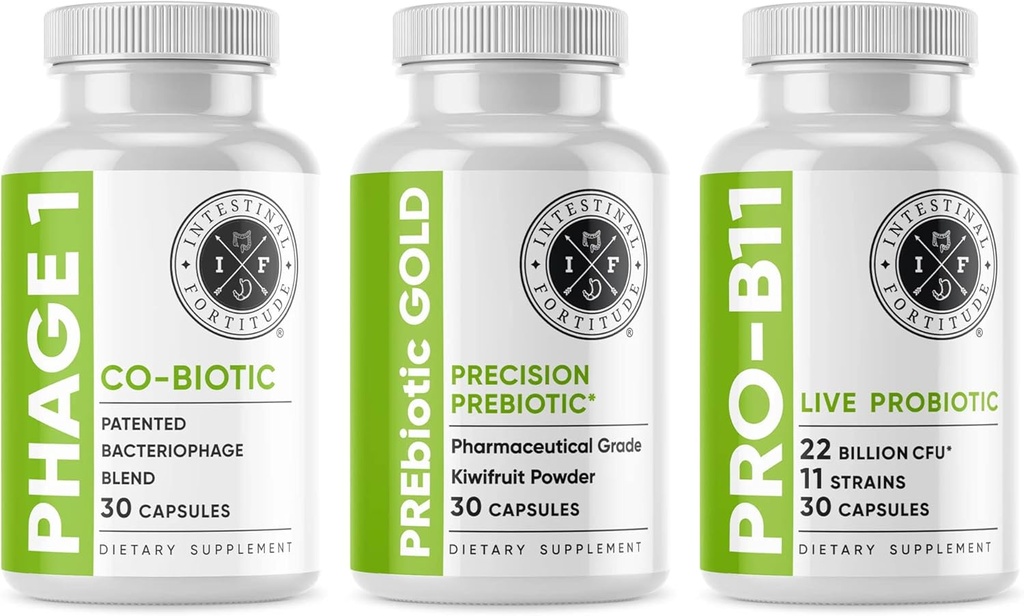 Intestinal Fortitude Gut Health Supplement Bundle - Prebiotic Gold, PRO-B11, Phage 1 - w/Gold Kiwify Pectin, SCFAs, in 22 milijard CFU za podporo mikrobiomu, Gluten, Soy, & Dairy-free kapsule