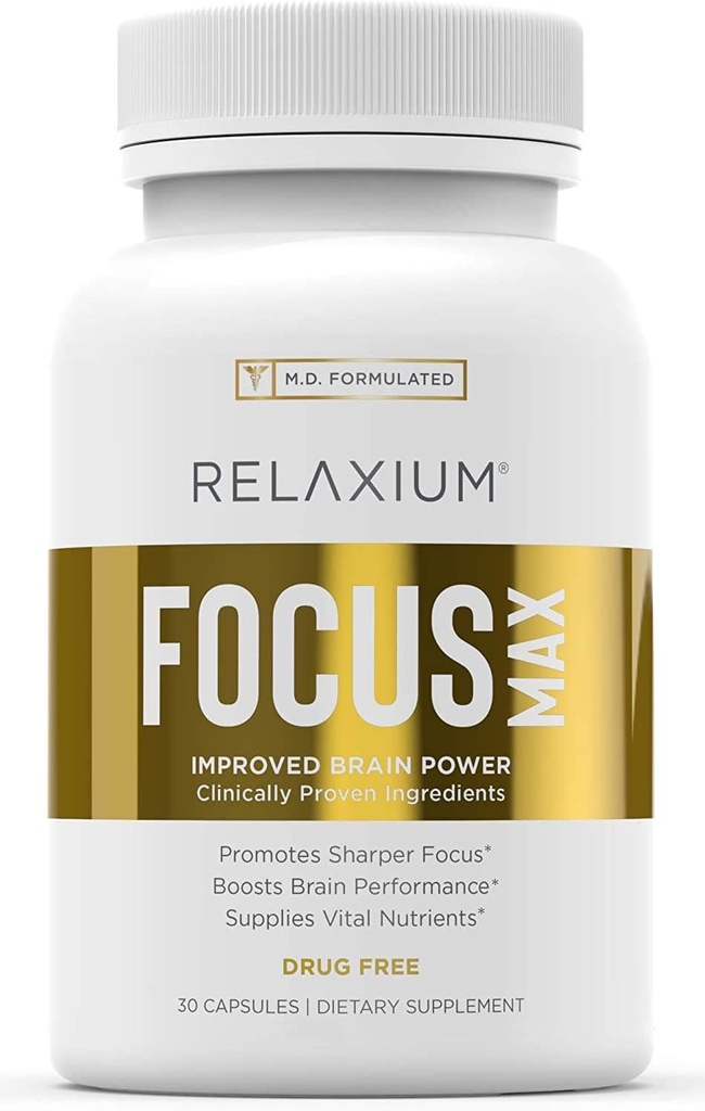 Relaxium Focus Max, Brain & Focus Health Supplement, Proven Koncentracija, Focus, Memory, & Nootropics Booster, M.D. Oblikovana z Huperzine, Bacopa, & More, 1-mesečna zaloga (30 kapsul)