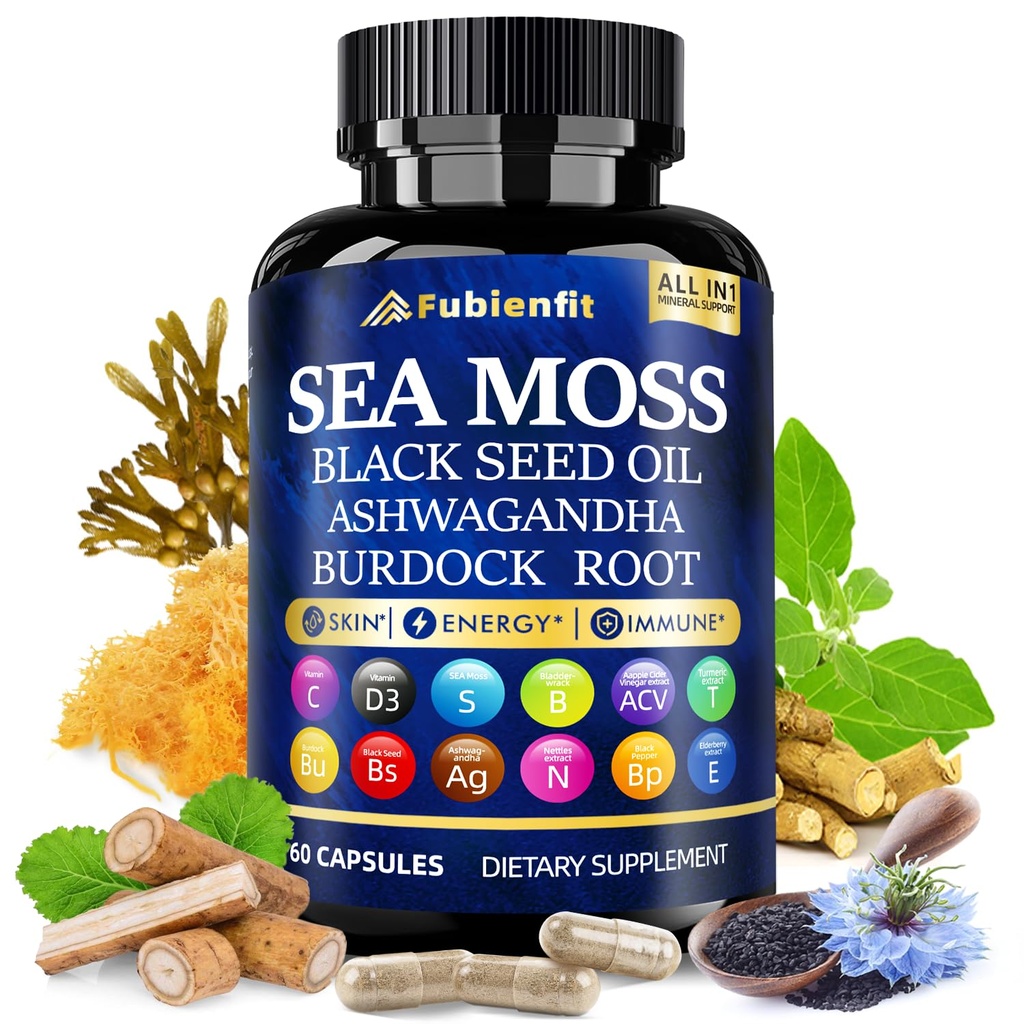 Organic Sea Moss Capsules - Contain seamoss Black Seed Oil ashwagandha Burdock Root Ginger & Essential Vitamins - Superfood for Immune Boost, Digestive Health, Overall Wellness, 60 Capsules