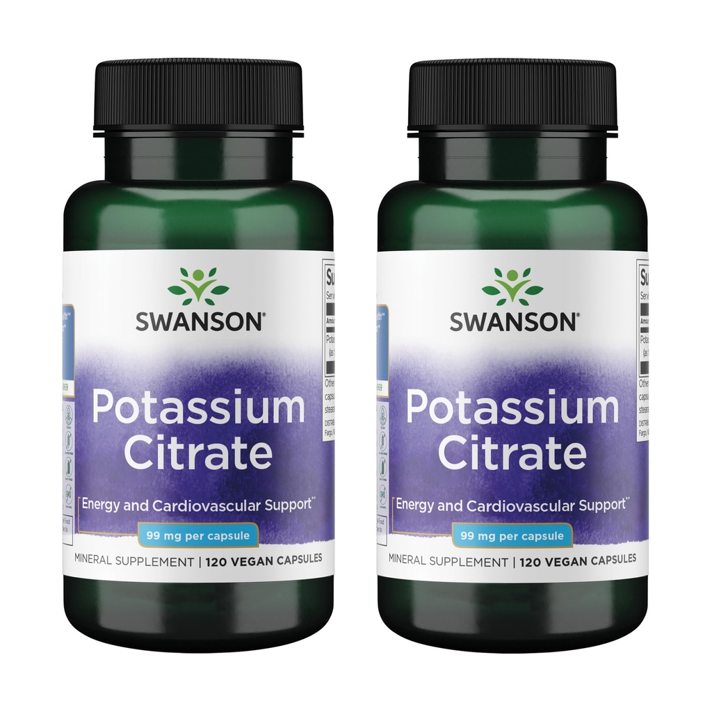 Swanson Kalijev citrat - Mineral Supplement Spodbujanje zdravja srca in energetika podpora - Aids Optimalen živec & ledvice Funkcija z naravnimi sestavinami - (120 Kapsule, 99mg vsak) (2 paket)