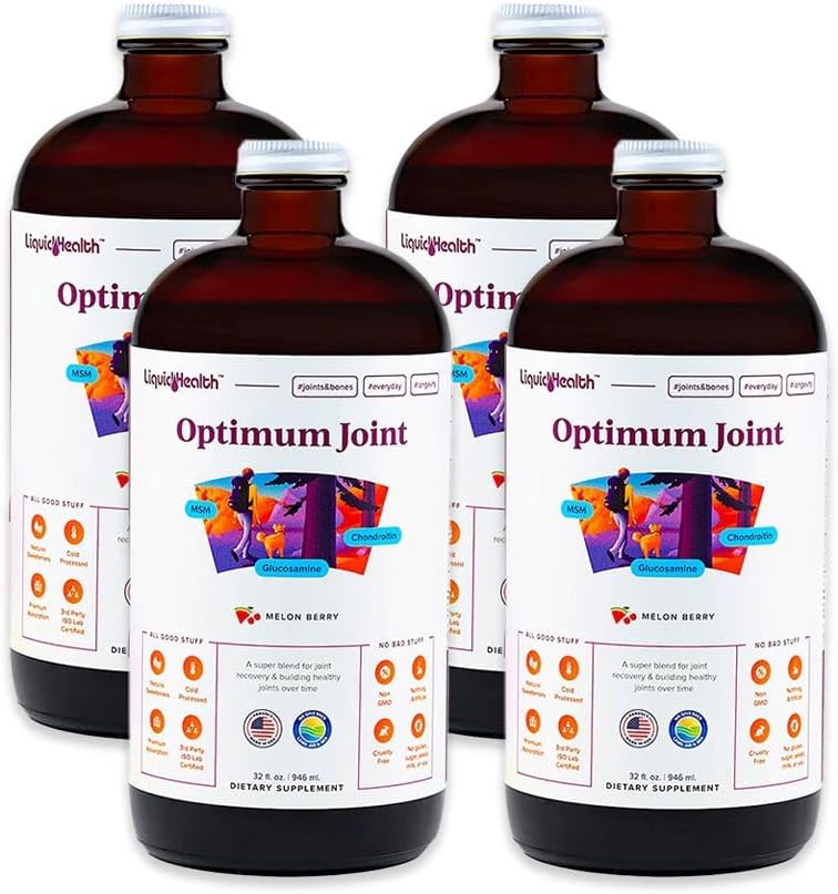 LIKVIDHEALTH Optimum skupna podpora Tekoči multivitamin z glukozaminom, hondroitin, MSM, hialuronska kislina - povečanje mobilnosti, skupno udobje, za runnerje in športnike - Izdelano v ZDA, Vegan (4 Pack)