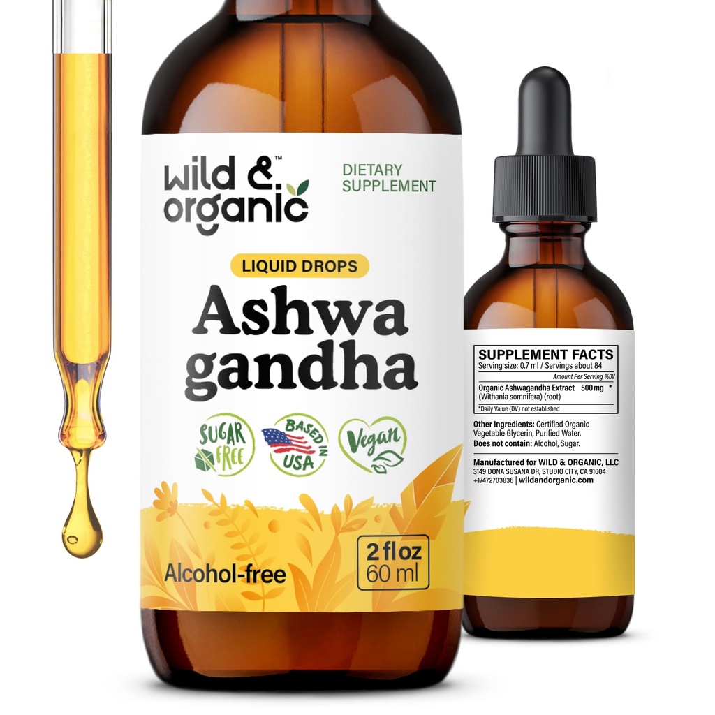 Wild & Organic Ashwagandha tekoče kapljice - Umirjanje Ashwagandha korenski ekstrakt za sprostitev - 1-mesečna zaloga - Zeliščni dodatki za ženske in moške - Vegan, sladkor in alkohol brez Tinkture - 2 fl oz