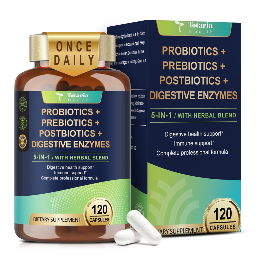 Totaria 5-in-1 60 milijarda CFU probiotik prebiotik in postbiotik za ženske in moške, w/prebavni encimi, spolzka elm, Daily Complete Gut Health, Digestive & Immune Support, 4 Mesec dobave, Vegan