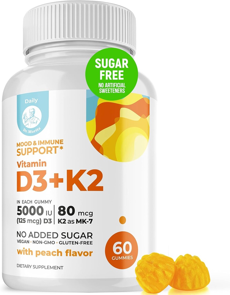 DR. MORITZ Vitamin D3 Gumies (5000 i.e.) s K2 - za odrasle in otroke - Vitamin D3 K2 Gumiji za imuno podporo in zdravje kosti - Vegan, brez sladkorja, brez glutena (60 števk)