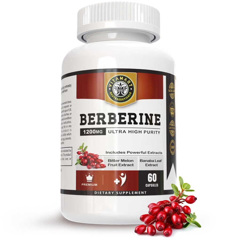 Berberine HCL 1200mg Premium, ultra visoka čistost, čistih 60 kapsul - Berberine dodatek, podpira imunski sistem, Berberine Plus Izvleček grenkega melona in listov Banaba