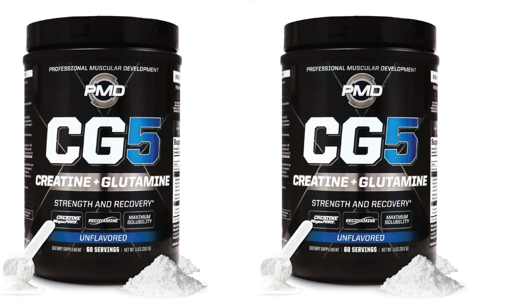 PMD Sports CG5 Premium Kreatin & L Glutamin v prahu, okrevanje moči, izgradnjo najete mišice, povečanje zmogljivosti vadbe, maksimalna moč pred vadbo in post vadbe, Unflavored, 60 Serving (Pack of 2)