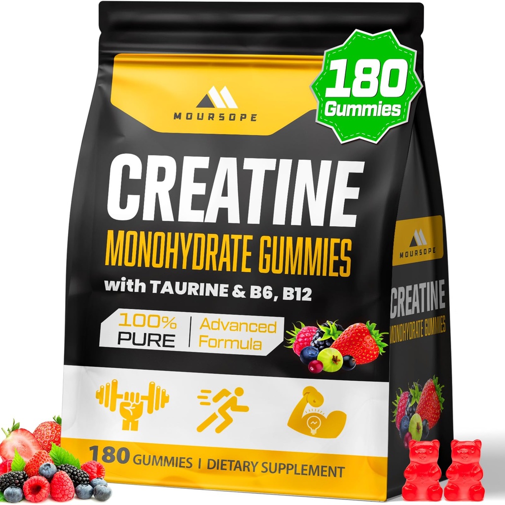 (180 Count) Kreatin Monohidrat Gumiji za moške in ženske - Kreatin Pre Workout Gumiji za mišice graditelj, mišična moč, okrevanje, vzdržljivost, energija, Kreatin za ženske in moške, Vegan, Mešano jagode