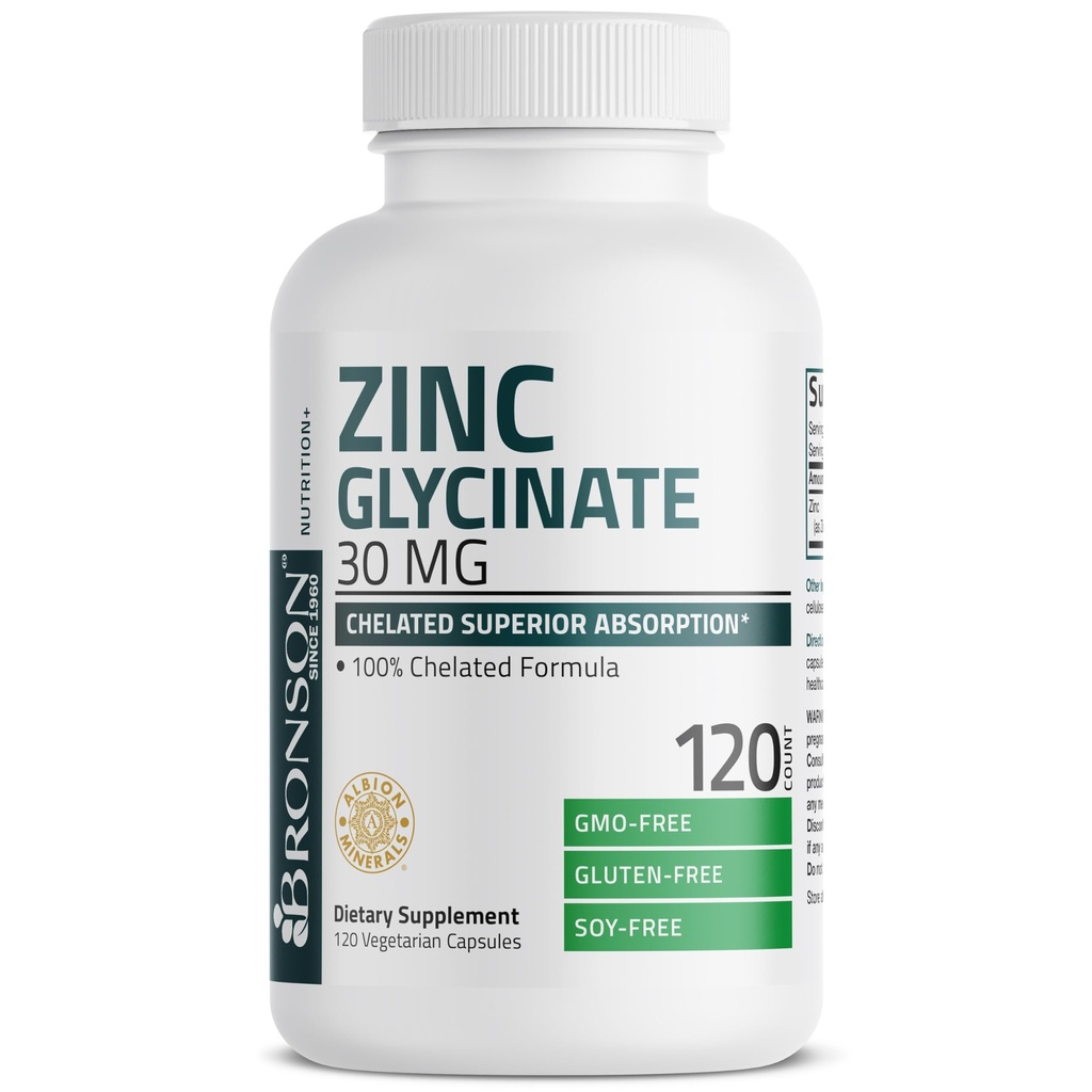 Bronsonov cinkov glicinat 30 mg kelirana superior absorpcija 100% kelirana formula ne- GMO, 120 vegetarijanskih kapsul