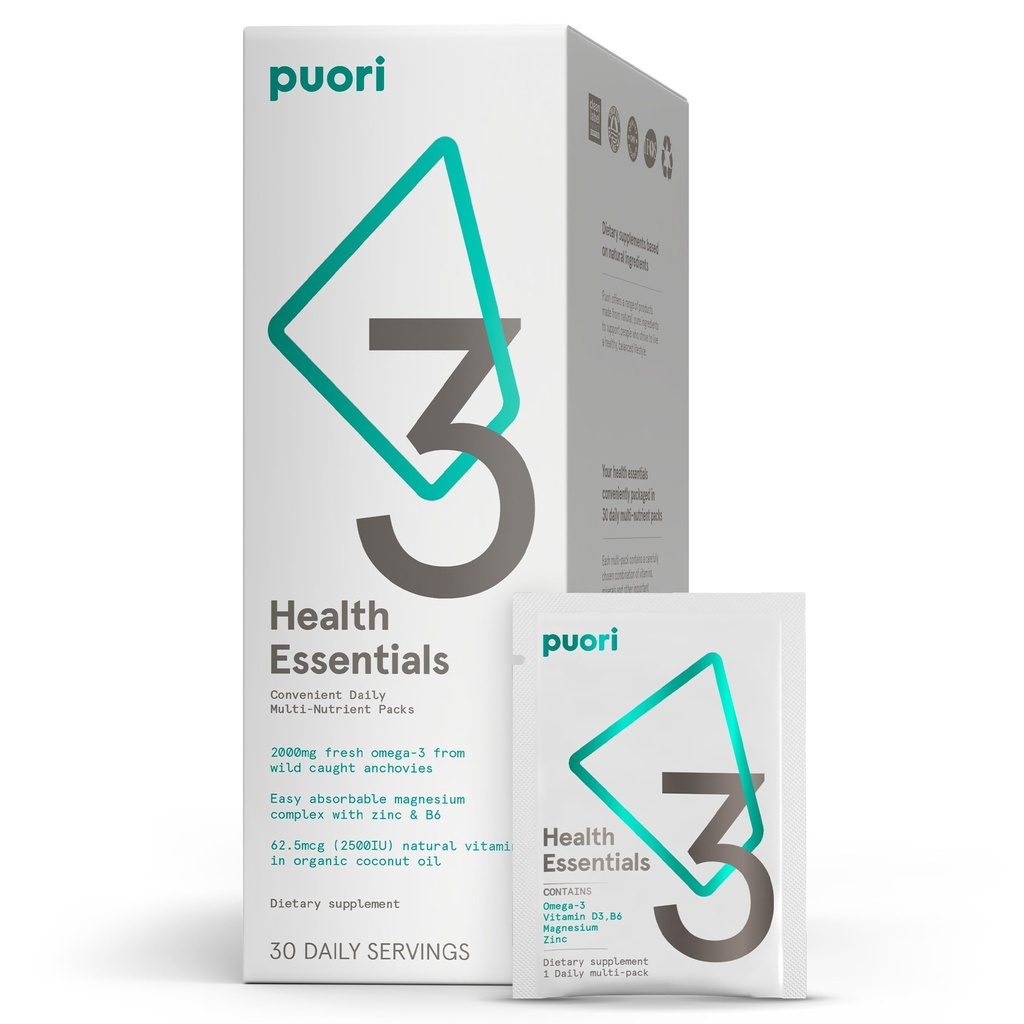 Puori P3 Health Essentials - Multivitamini za moške in ženske - 30 Serving - Omega 3, Vitamin D, Magnezij, cink - Multi-Nutrient za možgane in energijo