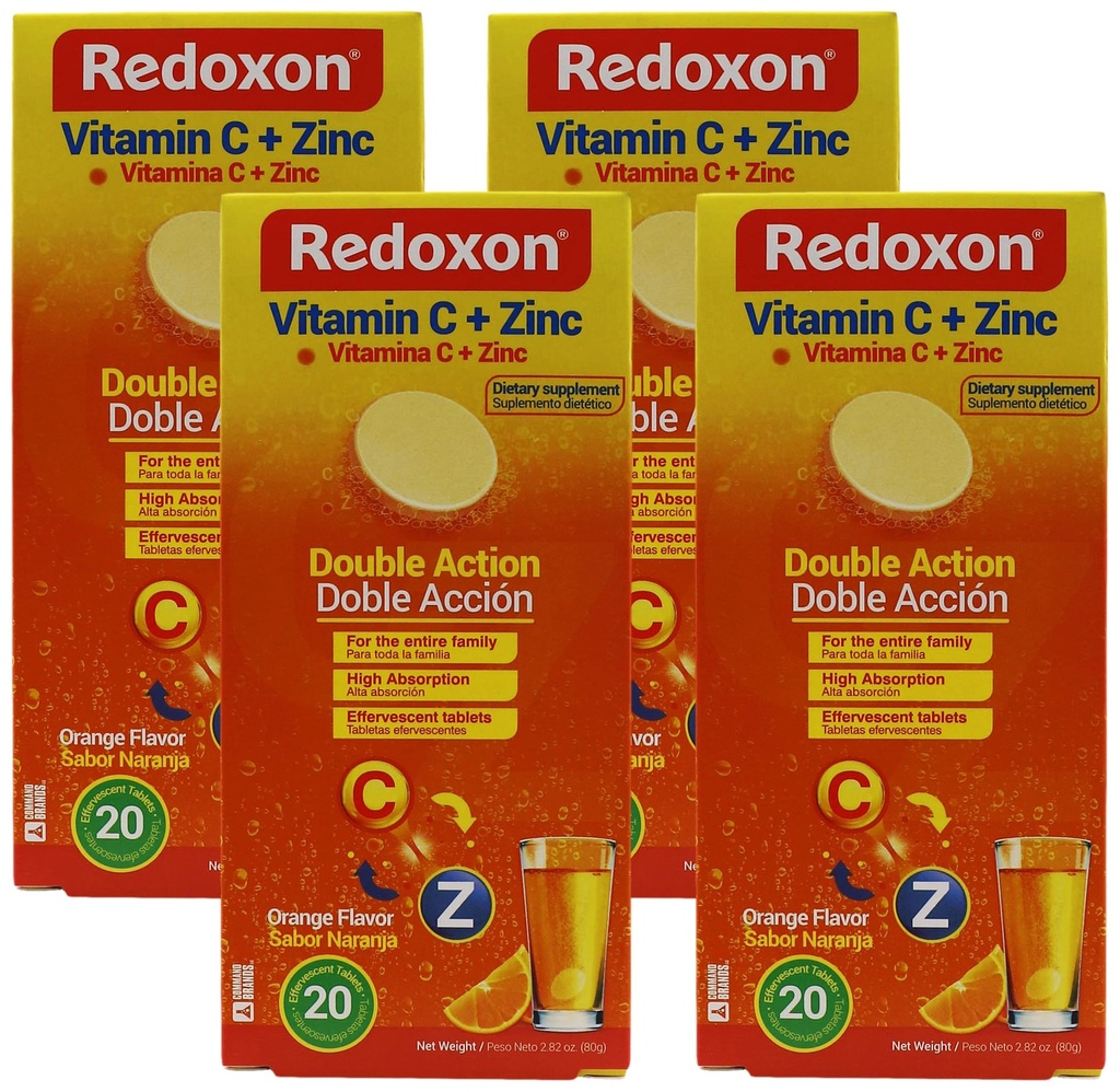 Redoxon Vitamin C + cink, šumeče tablete vitamina C in cinka, pomaga podpirati vaš imunski sistem, oranžna aroma, 20 šumeče tablete, 2.82 Oz Box, (Pack po 4)