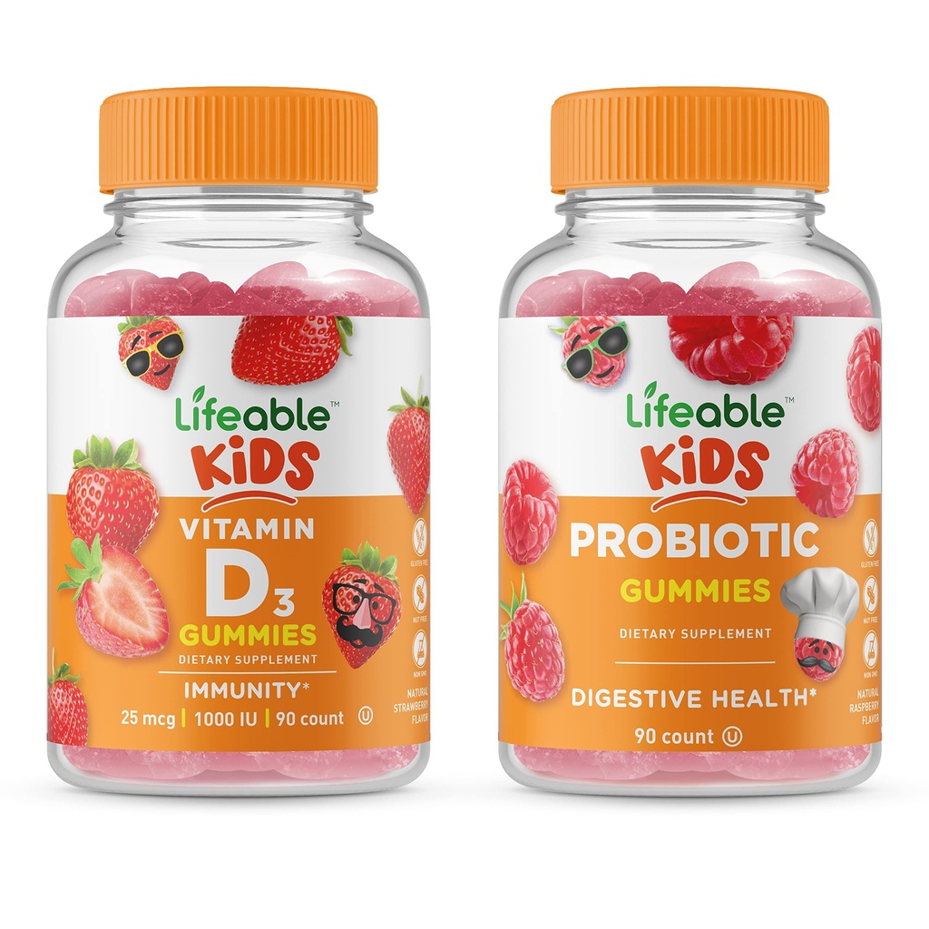 Življenjski probiotik 2 milijarda CFU otroci + vitamin D otroci, Gummies Bundle - odličen okus, Vitamin dopolnilo, Gluten brezplačno, GSO brezplačno, Žvečljivi Gummy