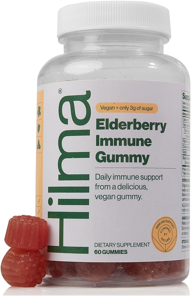 Hilma Elderberry Gumies oblikovan z vitaminom C & cink, naravni, Vegan, klinično dokazano sestavine, Imunska podpora dodatek Plus antioksidanti,Naravni okus jagod (60 Gumies)