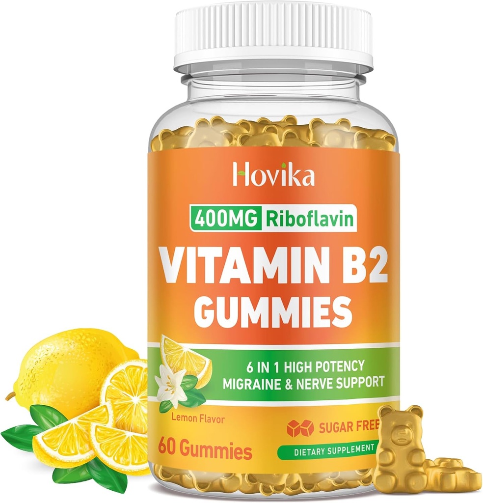 Vitamin B2 Gumies Riboflavin 400mg Dopolnilo za moške in ženske - Čisti magnezij, Ashwagandha, CoQ10, Omega 3, Vitamin B12 - Migrena Relief & Energy, Podpora živčnega sistema - Sladkor brez, 60 Število