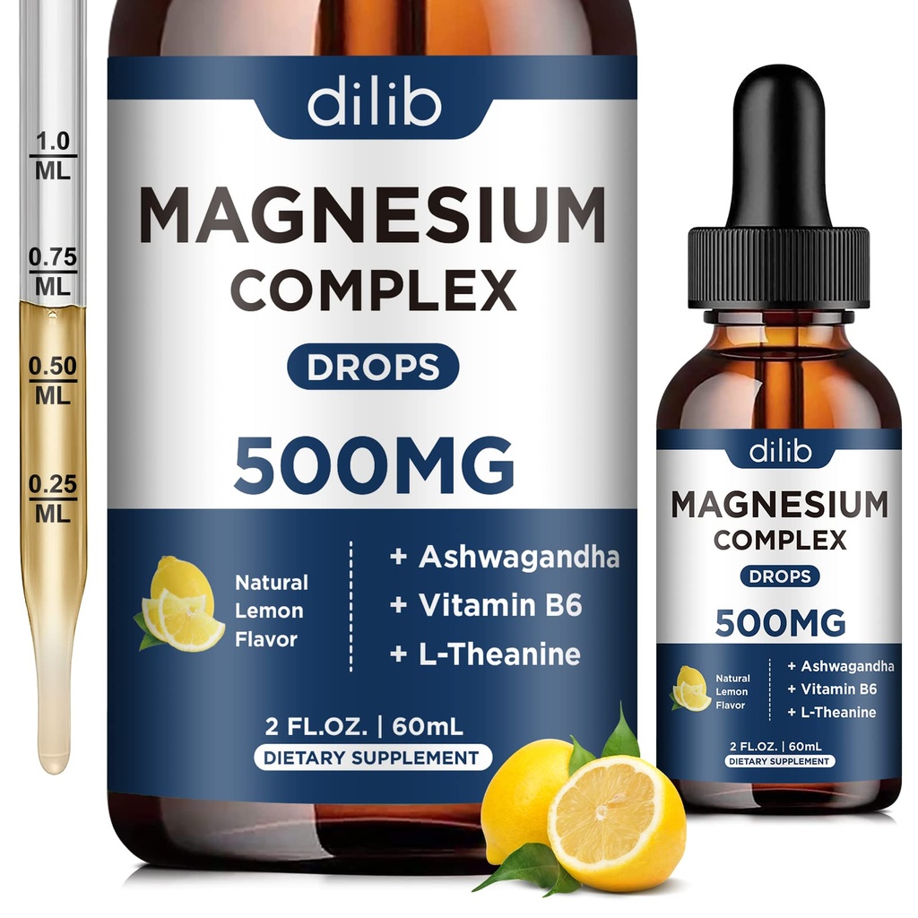 Magnezij Glycinate tekoče kapljice, Triple Magnezij kompleks dodatek s Citrat, Malate 500mg Ashwagandha, L-Theanin, Vitamin B6 za spanje, miren, Stress Relief, kost, mišice, Mood - limonina aroma