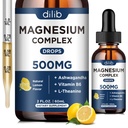 Magnezij Glycinate tekoče kapljice, Triple Magnezij kompleks dodatek s Citrat, Malate 500mg Ashwagandha, L-Theanin, Vitamin B6 za spanje, miren, Stress Relief, kost, mišice, Mood - limonina aroma