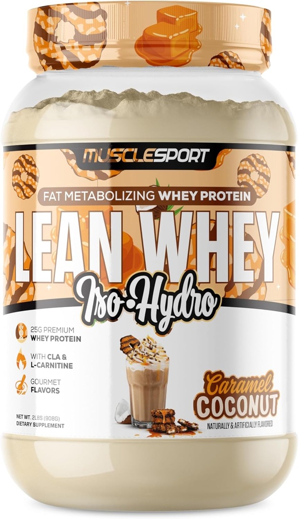 Musclesport Lean Whey RevolutionTM Protein Powder - izolat sirotkinih beljakovin - nizkokalorični, nizkokalorični, nizkomaščobni, neverjetne arome - 25g beljakovine na Scoop (2LB, kokosov karamel)