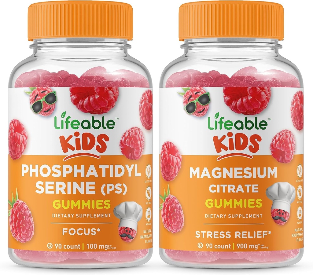 Življenjski fosfatidilserin (PS) Otroci + Magnezij Otroci, Gumies Bundle - odličen okus, Vitamin dopolnilo, Gluten brezplačno, GSO brezplačno, Žvečljivi Gummy