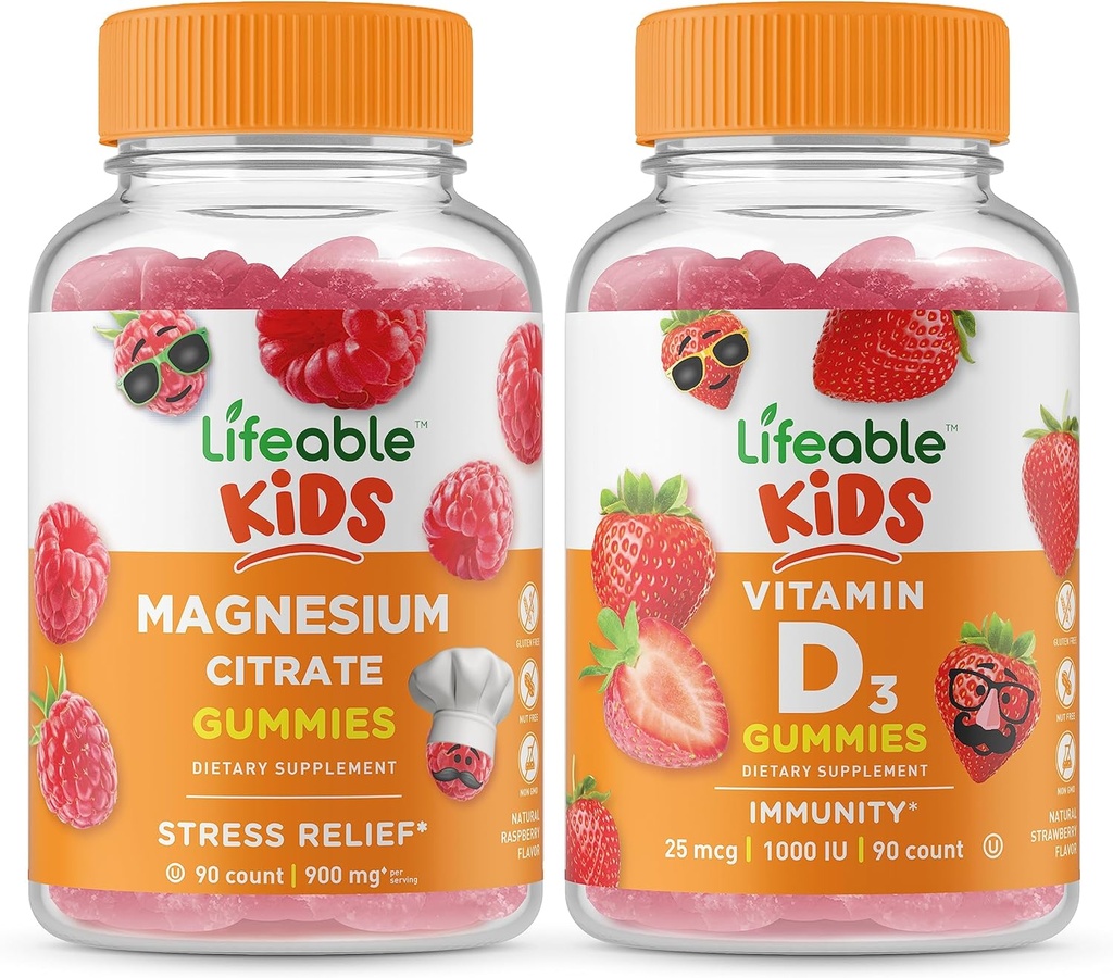 Življenjski Magnezij Otroci + Vitamin D Otroci, Gummies Bundle - odličen okus, Vitamin dodatek, Gluten brezplačno, GSO brezplačno, Žvečljivi gumi