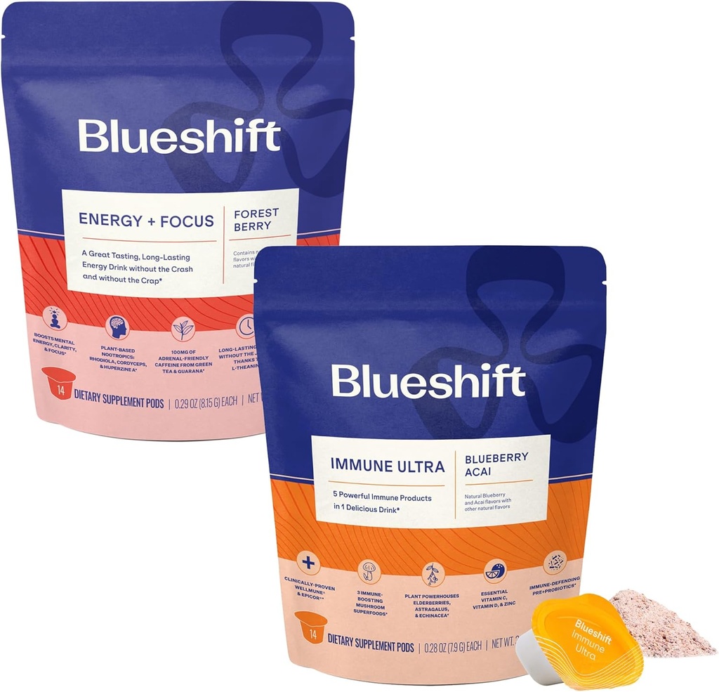 Blueshift Energy + Focus & Imunska Ultra Bundel - Energy Drink Komore, Imunska podpora Powder, Drink Mešanice za energijo in imuno obrambo, Vitamin dodatek - Energy+Focus (14 Pack) & Immune Ultra (14 Pack)