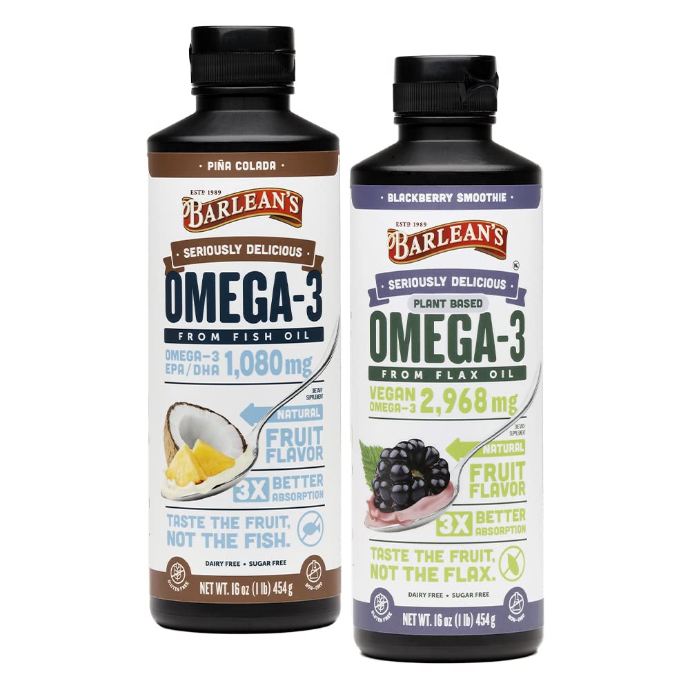Barlean's Omega 3 Tekoči dodatek paket, BlackBerry Smoothie Flax Seme olje in Piña Colada ribje olje dopolnila Set, 16 oz