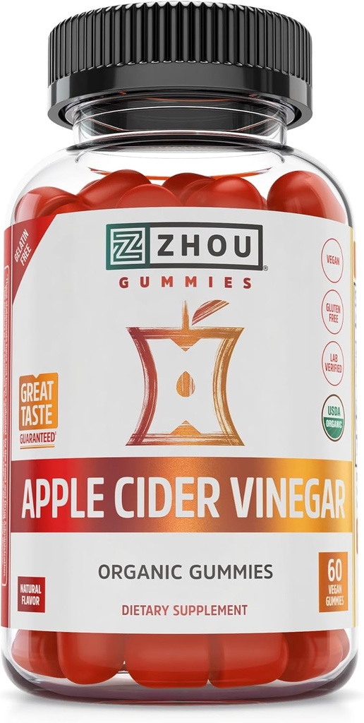 Zhou Apple Cider Vinegar Gummies - ACV Gummies za ženske in moške z bezgovimi jagodami, Okusen okus z surovim sladkorjem iz sladkornega trsa, USDA Organic - 60 Vegan Gummies