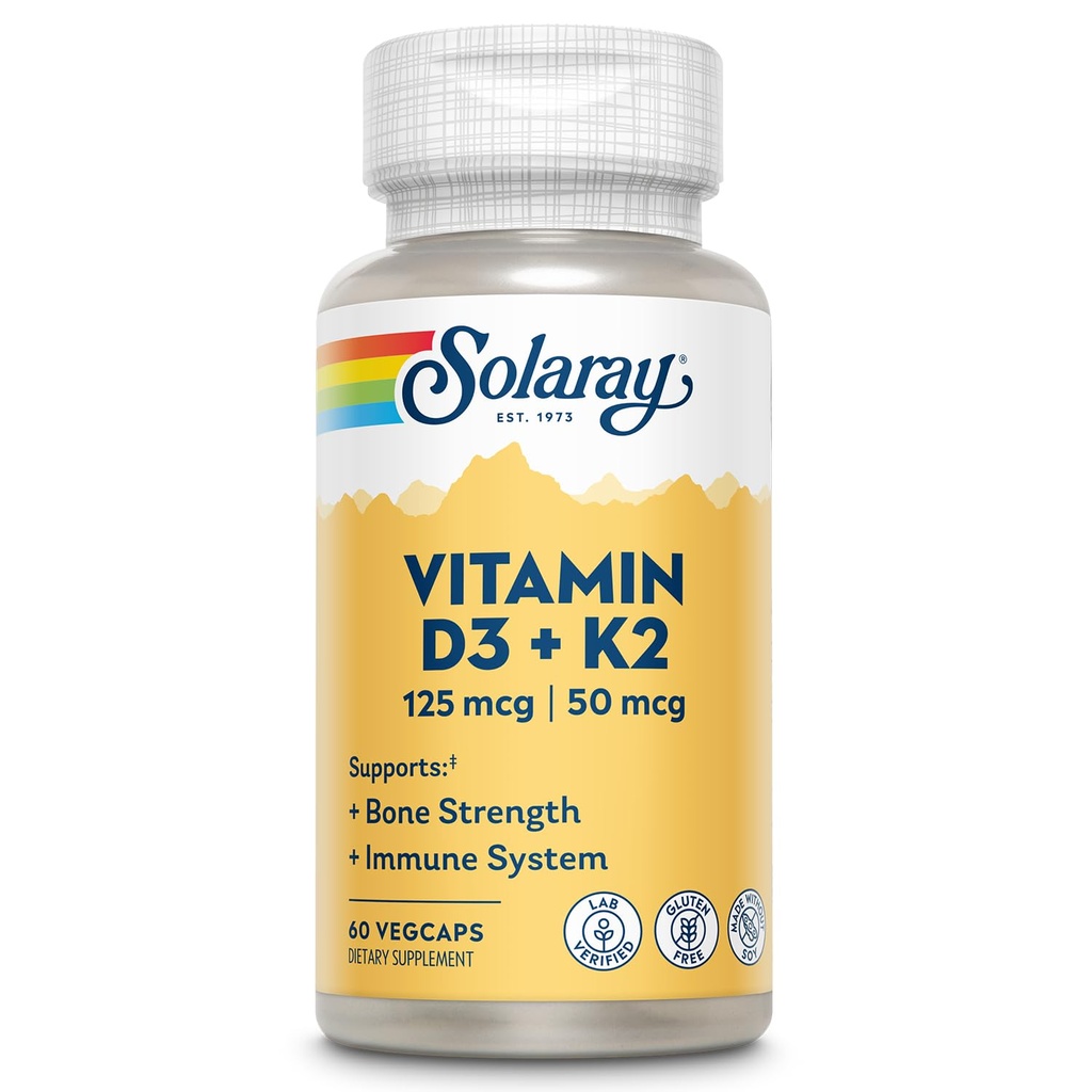 SOLARAY Vitamin D3 K2 - Bone Health and Immune Support Supplement - s 5000 i.e. vitamin D kot VIT D3 in 50 mcg Vitamin K2 kot Menokinon MK7, Made Without Soy, 60-Day garancija, 60 Serv, 60 VegCaps