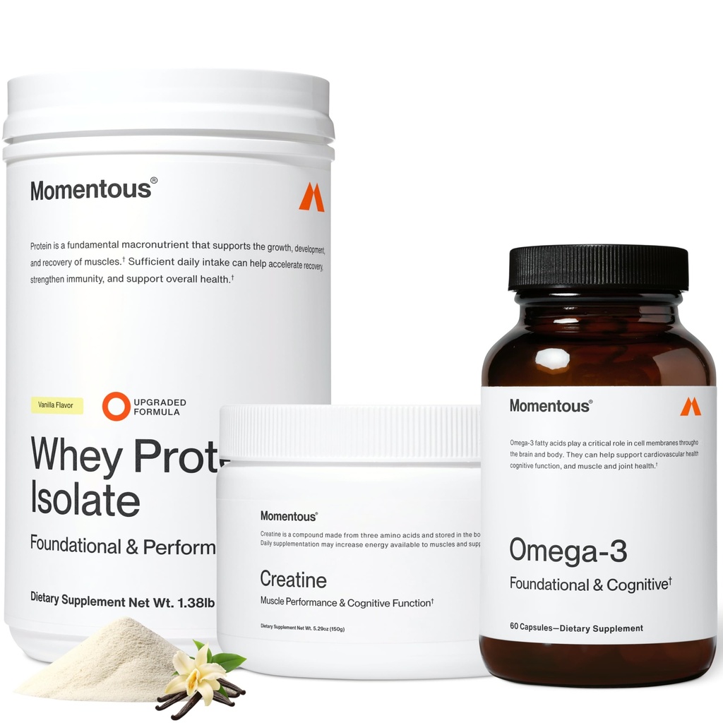 Trenuten tri - Kreatin monohidrat v prahu (30 serving), Grass-Fed Whey Protein Powder (Vanilla) & Omega-3 ribje olje 1600mg - Dnevne esencialne za moč, zmogljivost in Lean Muscle recovery
