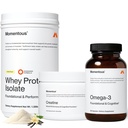 Trenuten tri - Kreatin monohidrat v prahu (30 serving), Grass-Fed Whey Protein Powder (Vanilla) & Omega-3 ribje olje 1600mg - Dnevne esencialne za moč, zmogljivost in Lean Muscle recovery