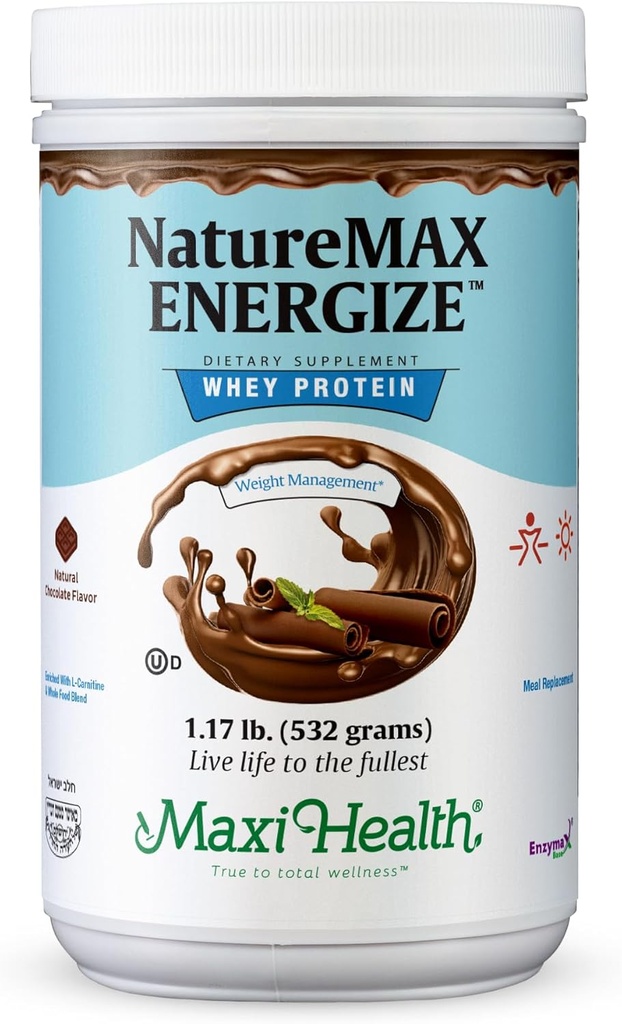 NatureMax EnergizeTM Whey Protein Powder- Energy Support Nadomestek obroka - 20g Protein Per Serving - Naravni čokoladni okus - Kosher Dairy Vitamin - 1,17lb