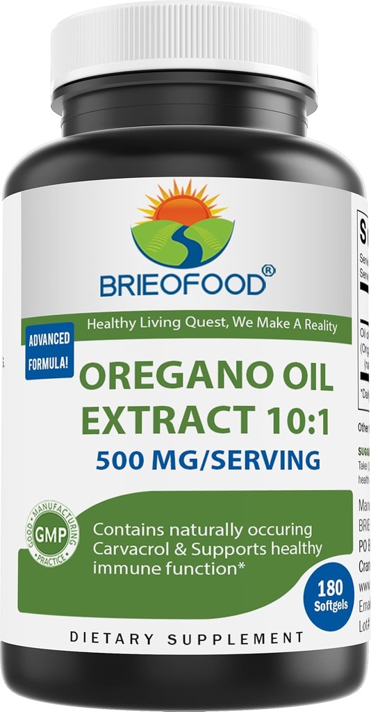 Brieofood Origano Oil 10:1 Ekstrakt 500 mg na strežbo - Vsebuje naravno oploditev Carvacrol - zdravo imunske funkcije - 180 softgels