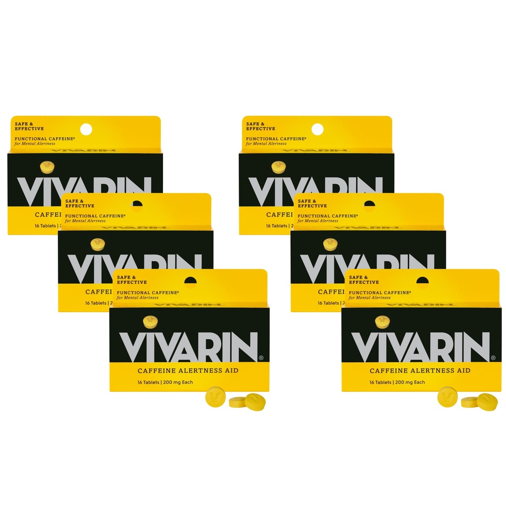Vivarin, tablete kofeina, 200 mg kofeina na odmerek, varno in učinkovito pomaga ostati buden, brez sladkorja, kalorij ali skritih sestavin, energijsko dopolnilo, 16 tablet (6 paketov)