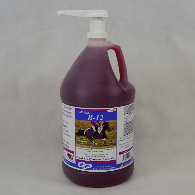 SU-PER B-12 Energy Horse Supplement - Equine Vitamins B-12 & B-9 Folic Acid Support Liquid - Red Blood Cell Production & Stamina Support for Peak Performance - Gallon + Pump, 4 Month Supply