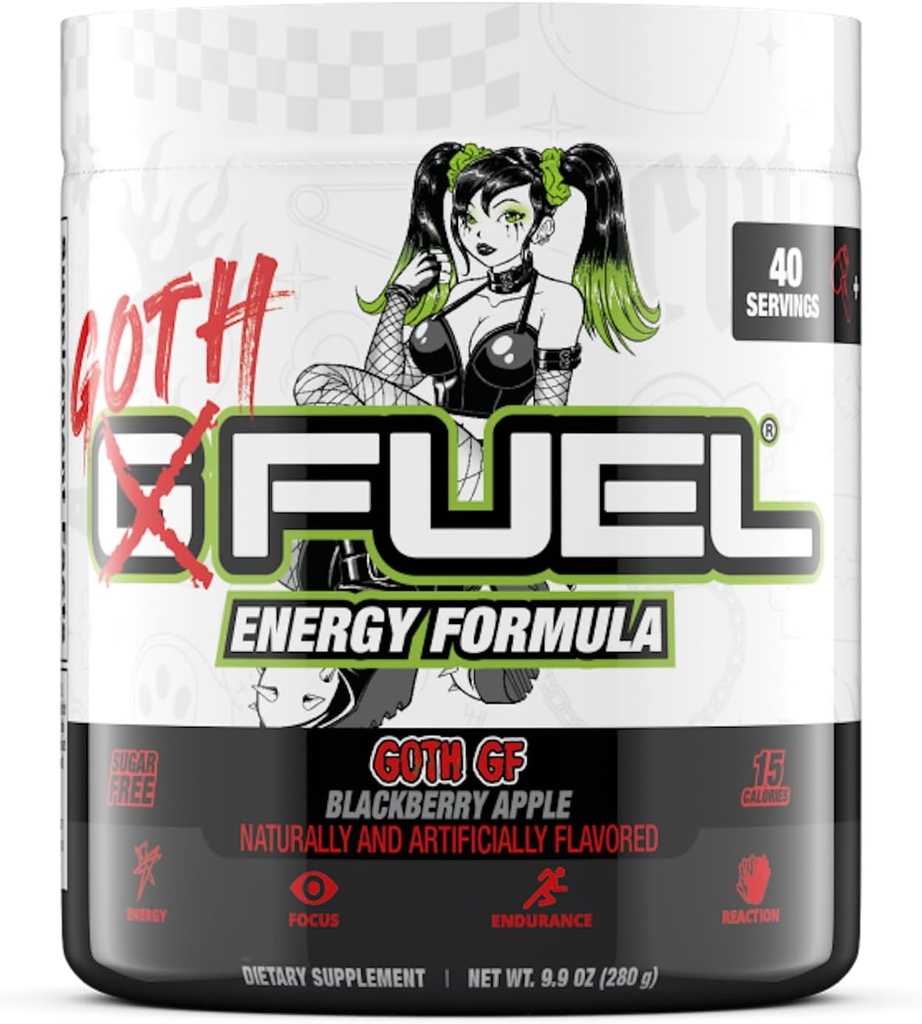 G Fuel Goth GF Energijski napitek v prahu, pred treningom Kofein v prahu, Energijski napitek v prahu Mešanica za gaming, Brez sladkorja Fokus Amino, Vitamin + Antioksidanti, 9.9oz (Blackberry Apple, 40 Serving)