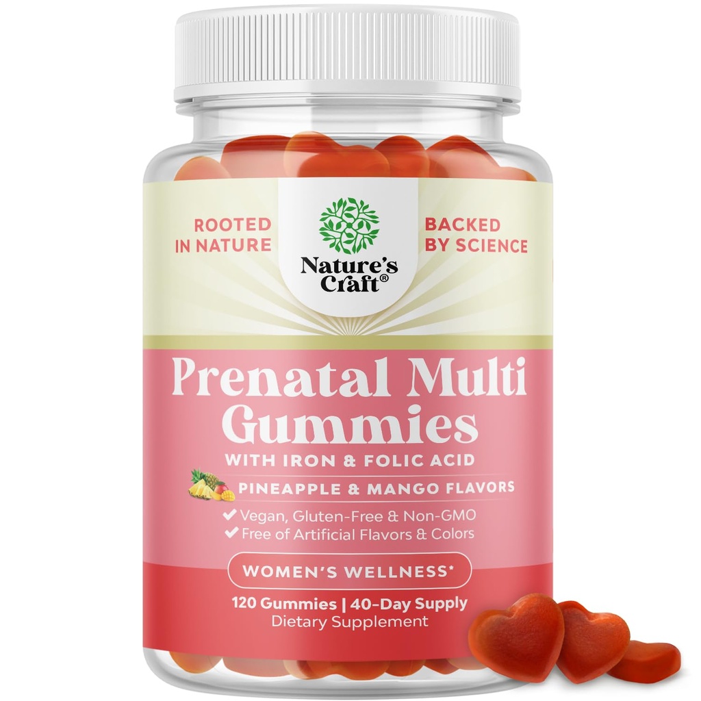 Natures Craft Vegan Prenatal Gummies for Women - Gummy Prenatal Vitamins for Women with Iron Folic Acid and Superfruit Blend - Chewable Vitamins Gummy Formula (Pineapple Mango) - 120 Count