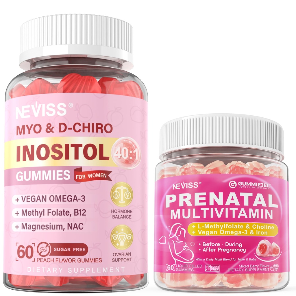 NEVISS Sugar Free 2 Pack 40:1 Ratio Inositol Gummies + 1 Pack Prenatal Vitamins for Women Gummies for Before,During & After Pregnancy