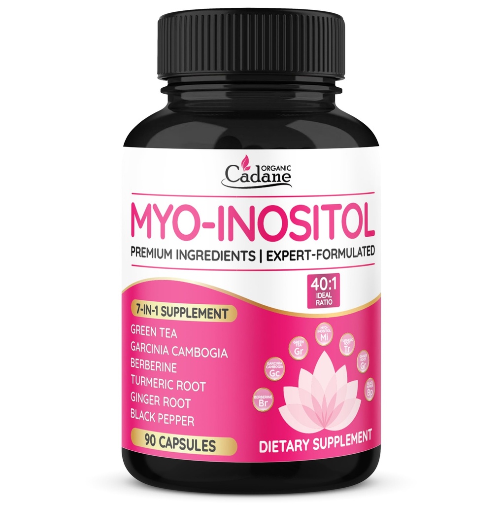 Organic Cadane Myo Inositol & Green Tea Capsules with Garcinia Cambogia, Berberine, Turmeric, Ginger, and Black Pepper | Supports Body Balance & Digestive | Vegan, Non-GMO - 90 Capsules