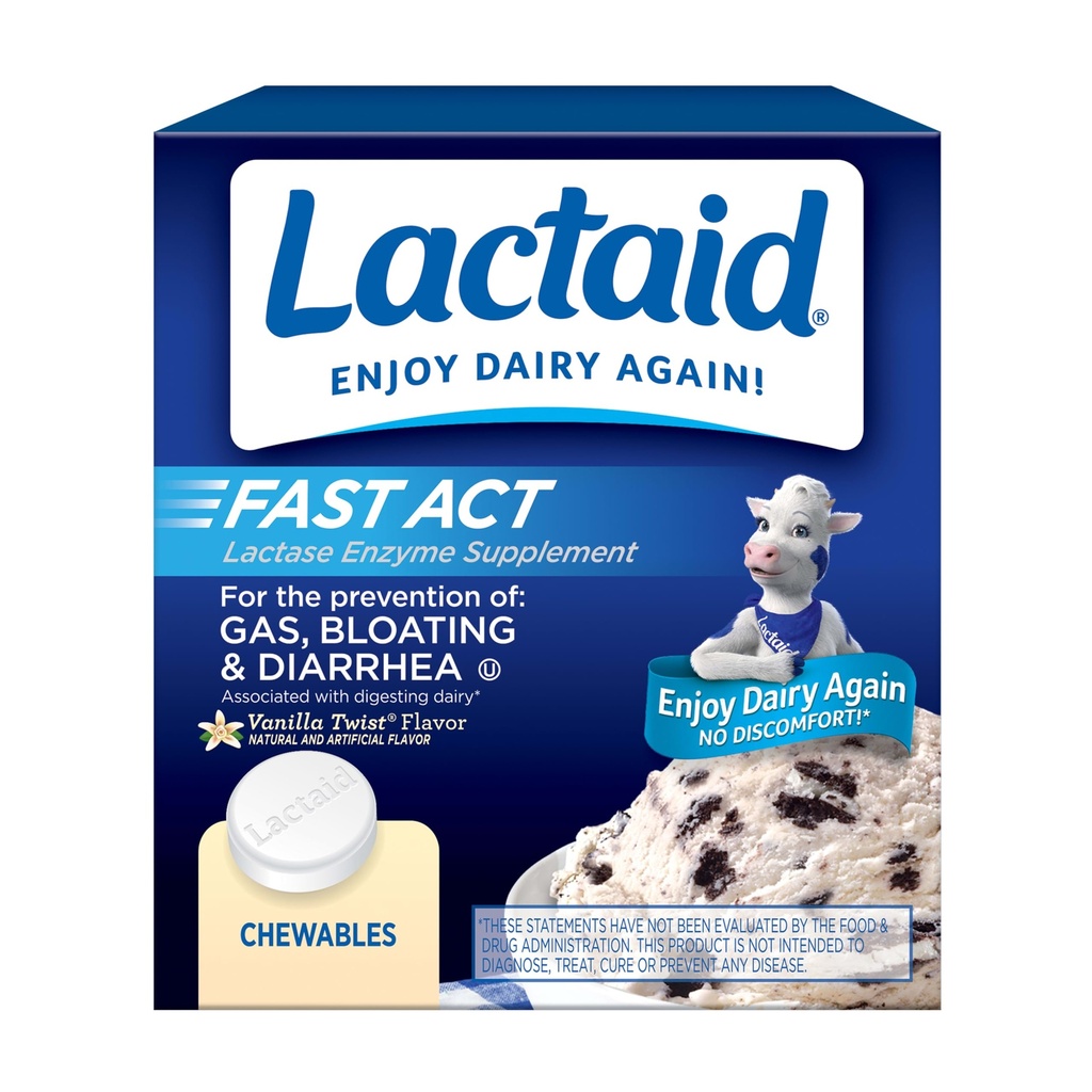 Lactaid Fast Act Laktoza Intolerance Relief Žvečilni kamni z naravnim encimom laktaze za preprečevanje plina, napenjanje in driska zaradi občutljivosti laktoze, On-the-Go, Vanilla Twist Flavor, 60 x 1 ct
