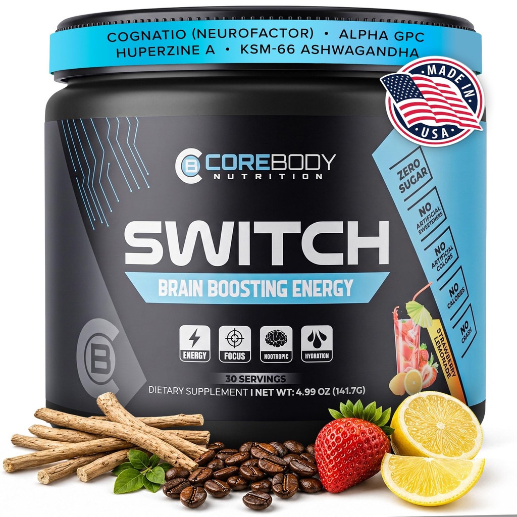 Switch, Brain Boost Nootropic Energy Supplement Powder - Izdelano v ZDA - Alpha GPC, NALT, Ashwagandha, Sugar Free Energy, Keto, Poveča mentalno fokus & kognitivna funkcija, izboljša razpoloženje & spomin