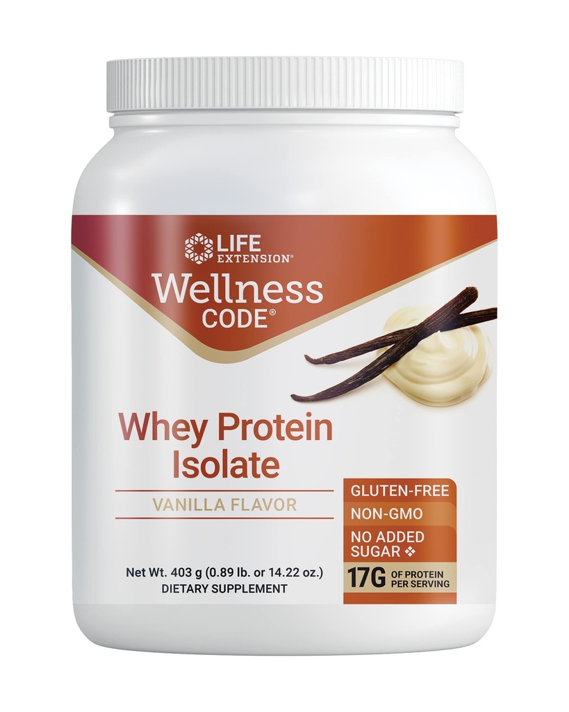 Life Extension Wellness Code® Whey Protein Isolate (Vanilija), Beljakovine in razvejane aminokisline za rast mišic in imunskega zdravja, brez dodanega sladkorja, Gluten Free, Non-GMO, 403 Grams (20 Servings)
