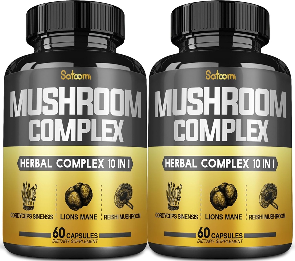 Satoomi 10in1 Gobe Complex Supplements Kapsule - 4 Mesec dobave - Mešanice z livami Mane, Cordyceps, Reishi, Chaga, Maitake, Shitake in drugo - 2 pakiranji 60 kapsul