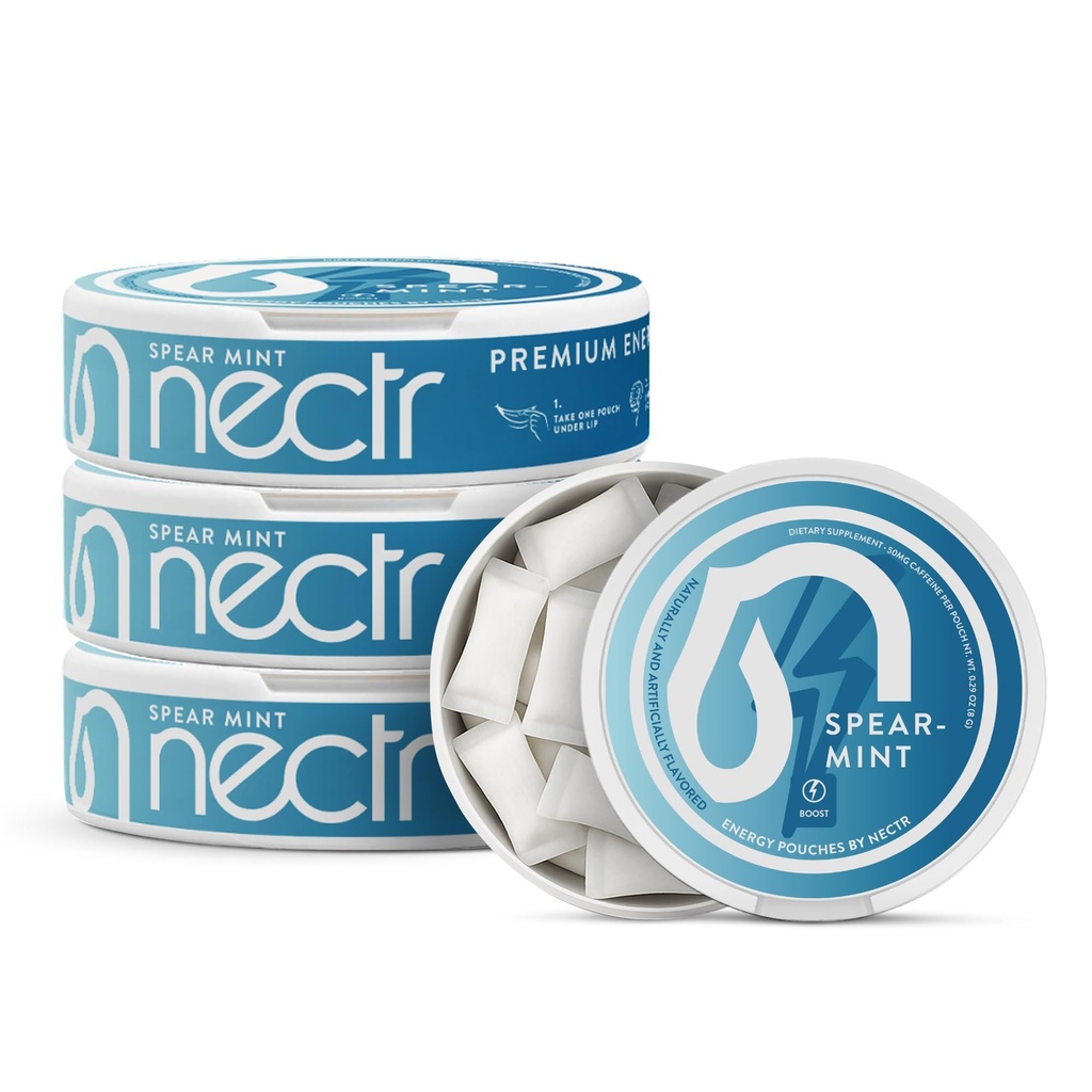 Nectr Energija 50mg Kofeinske vrečke - Spearmint arome, Sugar-free Brain Treats. 20x Mini Nikotin-free Pouches Per Puck. Hiter fokus in energijski dodatek - 4 paket